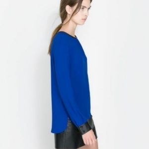 Zara cobalt blue faux leather cuff blouse